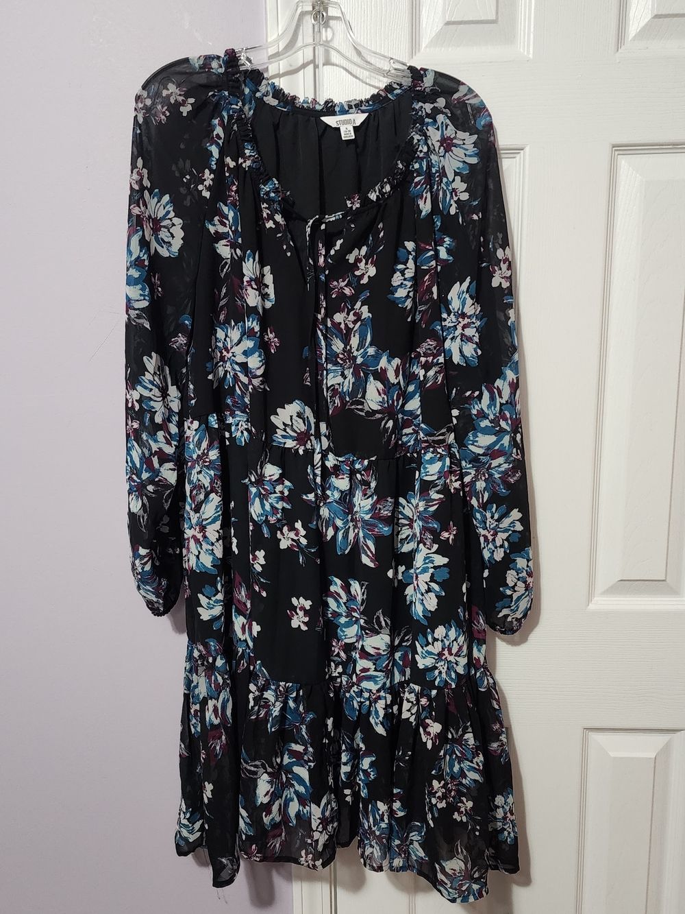 STUDIO AMELIA Black Floral Midi Dress with Blue and White Blooms